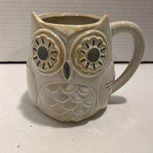 CERAMIC Figural Snowy OWL Coffee MUG Tea Cup WHITE GRAY Glaze Winter 16oz